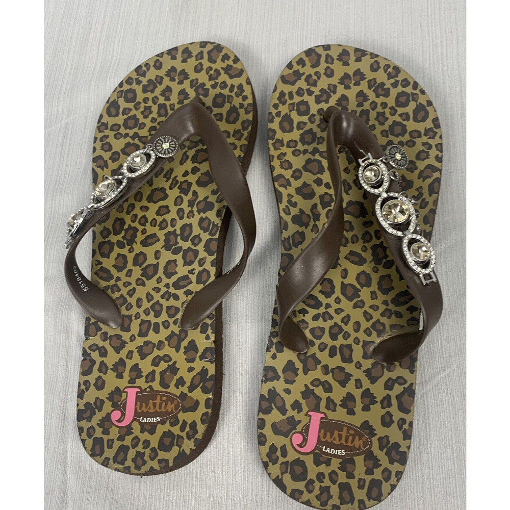 Justin Leopard Print Dangle Charm Flip Flops Women's size‎ 9